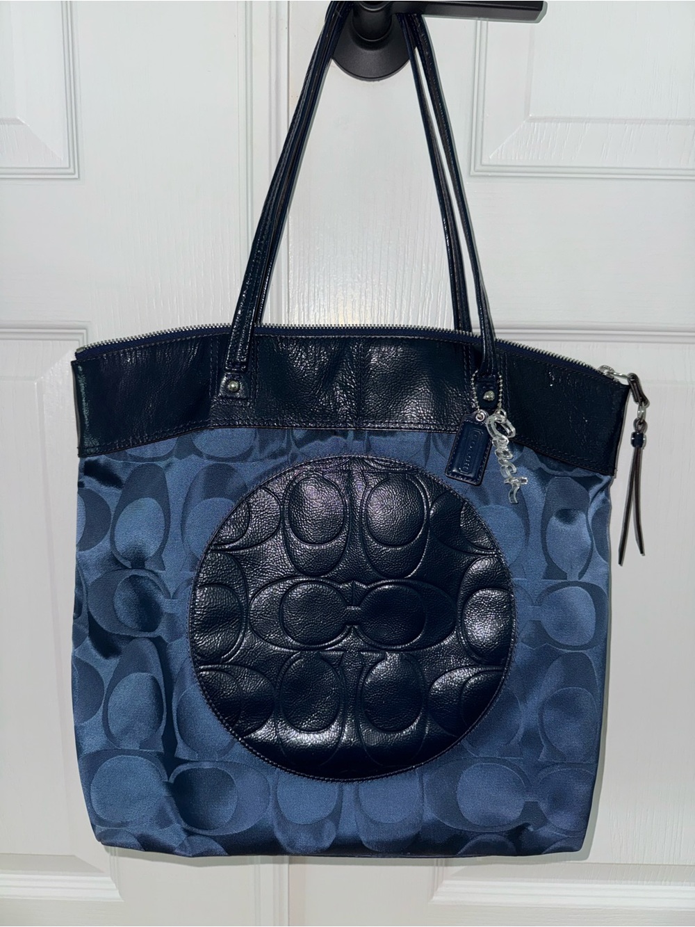 Coach Navy and Dark Blue Signature Tote with Leather Patch